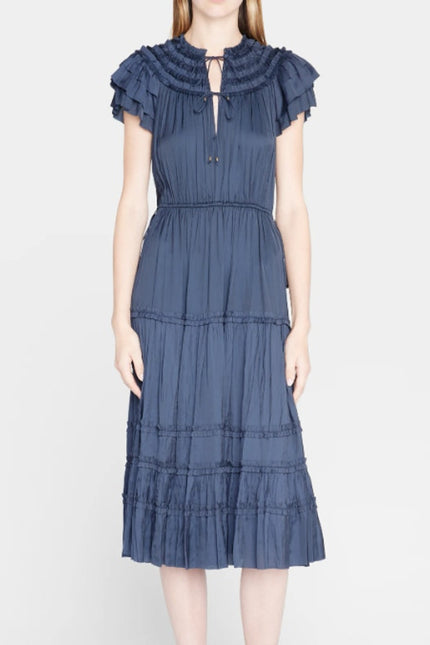 ULLA JOHNSON Midnight Navy Isadora Dress Pleated Satin Midi Ruffled Women's 2