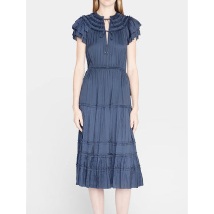 ULLA JOHNSON Midnight Navy Isadora Dress Pleated Satin Midi Ruffled Women's 2