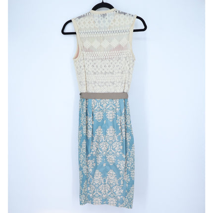 Beguile by Bryon Lars Motif Lace Sheath Dress Cream Blue NWT Belted Women's 0
