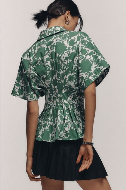 EXQUISE Madilynn Short Sleeve Pleated Blouse Green Button Front Women's XS