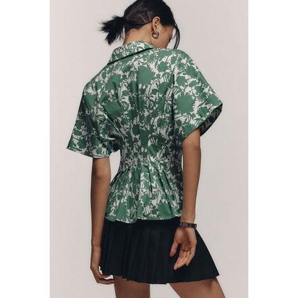 EXQUISE Madilynn Short Sleeve Pleated Blouse Green Button Front Women's XS