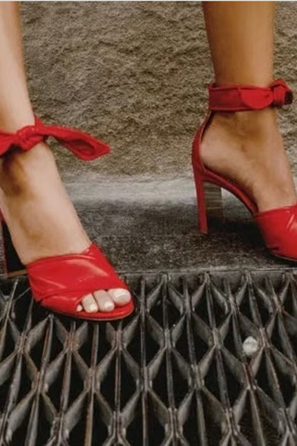 MARION PARKE Leather Ankle Tie Sandal Red Open Toe Blocked Heel Women's 38/US 8