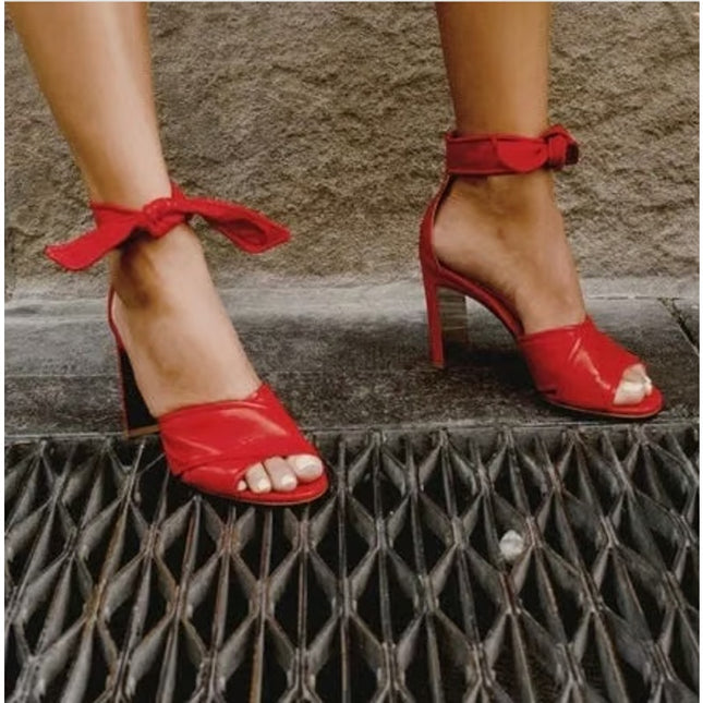MARION PARKE Leather Ankle Tie Sandal Red Open Toe Blocked Heel Women's 38/US 8