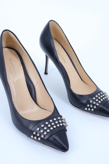 MARION PARKE CZ Studded Pumps Black Leather Pointed Toe Heel Women's 38.5/US 8.5