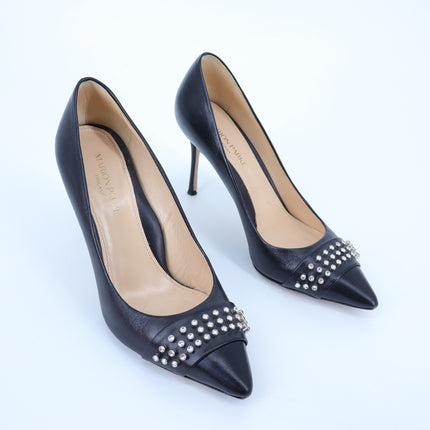 MARION PARKE CZ Studded Pumps Black Leather Pointed Toe Heel Women's 38.5/US 8.5