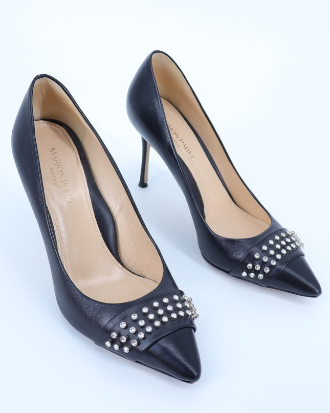 MARION PARKE CZ Studded Pumps Black Leather Pointed Toe Heel Women's 38.5/US 8.5
