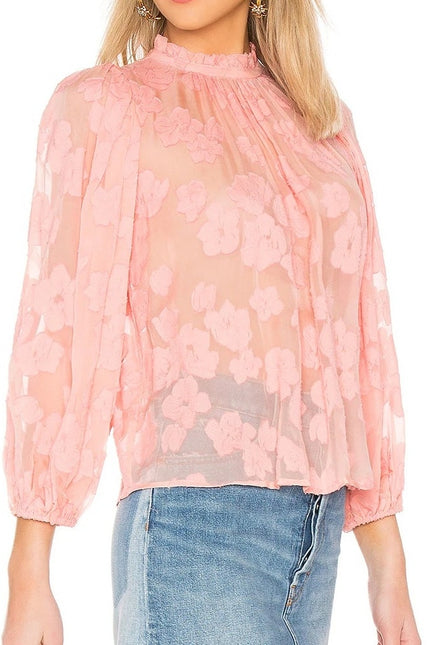 ULLA JOHNSON Sandrine Blouse Pink Floral Jacquard Long Sleeve Women's 10