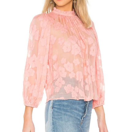 ULLA JOHNSON Sandrine Blouse Pink Floral Jacquard Long Sleeve Women's 10
