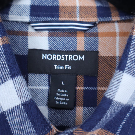 NORDSTROM Trim Fit Shirt Navy and Orange Plaid Button Down Long Sleeve Men's L