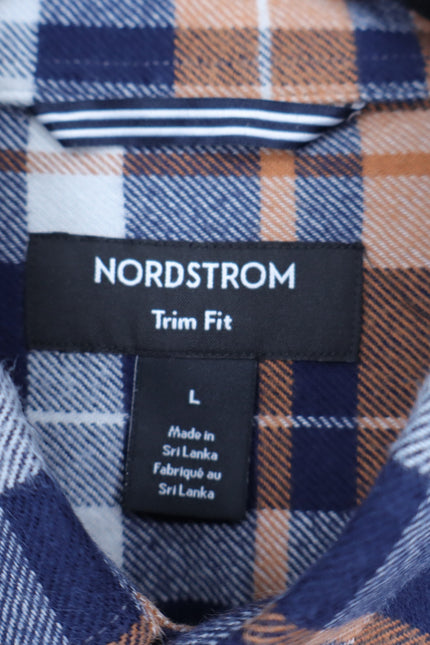 NORDSTROM Trim Fit Shirt Navy and Orange Plaid Button Down Long Sleeve Men's L