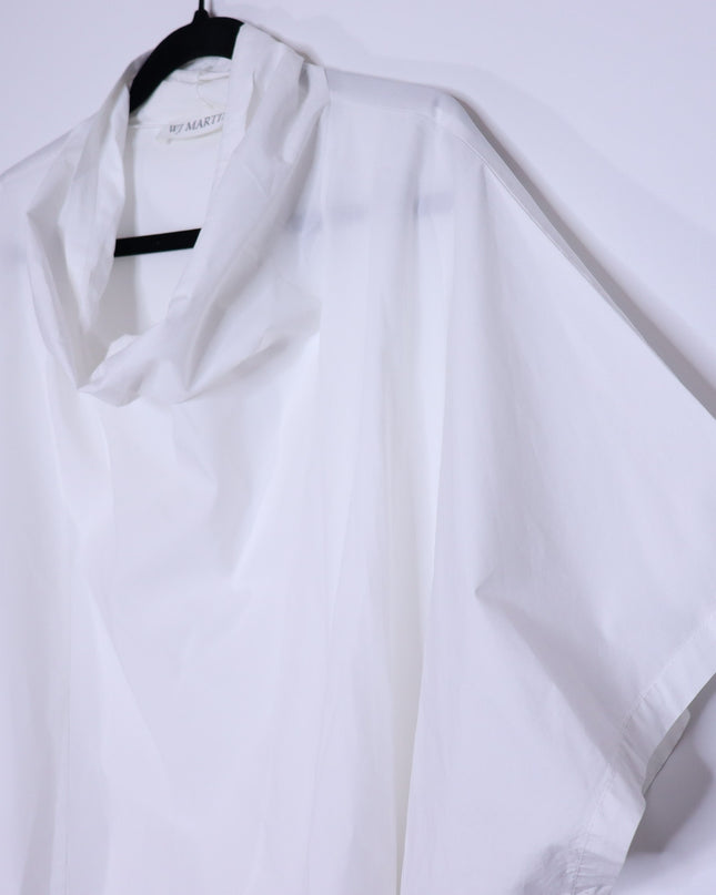 WJ MARTIN Boxy Hi-Lo Blouse White Cowl Neck Short Sleeve Women's 44/US 8