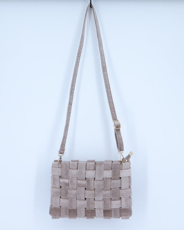 By Anthropologie Lindy Woven Velvet Clutch Taupe Crossbody Bag