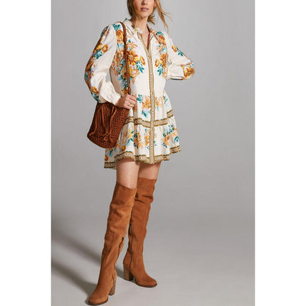By Anthopologie Mini Shirt Dress Ivory Floral Panel Print Boho Women's XS
