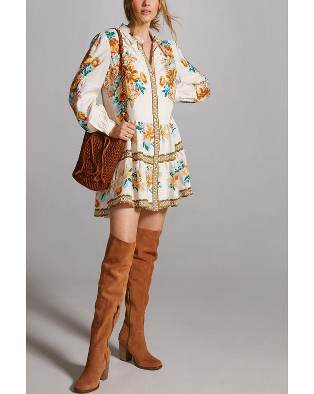 By Anthopologie Mini Shirt Dress Ivory Floral Panel Print Boho Women's XS