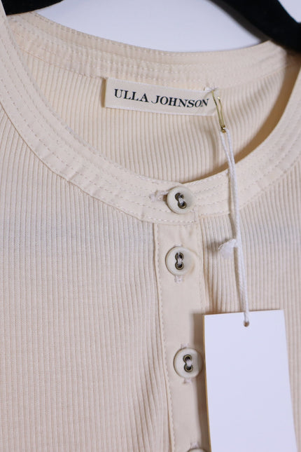 ULLA JOHNSON NWT Iman Poplin Sleeve Top Cream Henley Ribbed Women's P/US 0-00