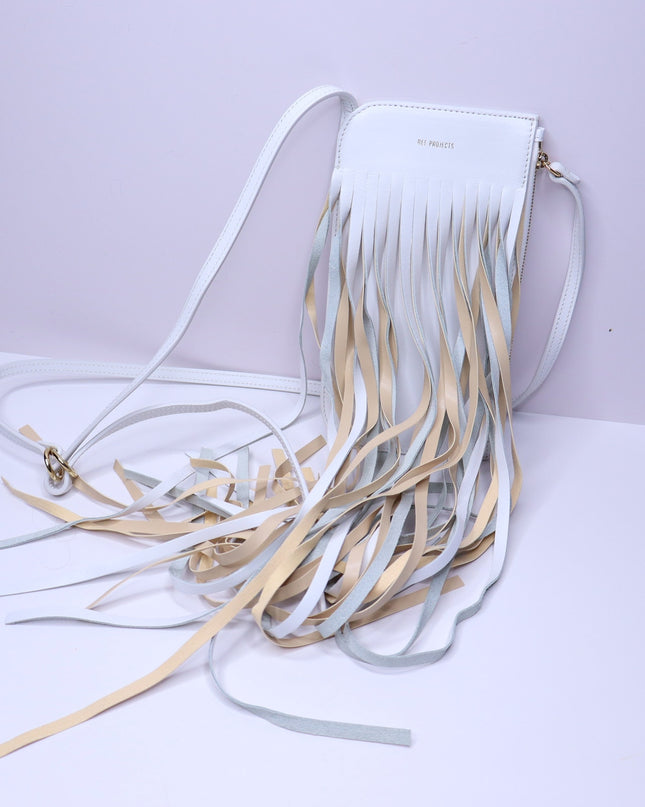 REE PROJECTS Do Fringe Leather Neck Pouch White Leather Crossbody Sling Bag