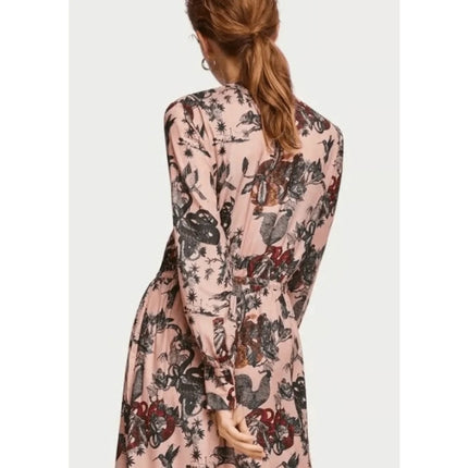 Scotch & Soda Printed Silk Midi Dress Pink Waist Tie Long Sleeve Women's XS