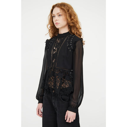 Self-Portrait Floral Guipure Blouse Black Lace Up Long Sleeve Women's 2