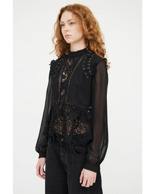 Self-Portrait Floral Guipure Blouse Black Lace Up Long Sleeve Women's 2