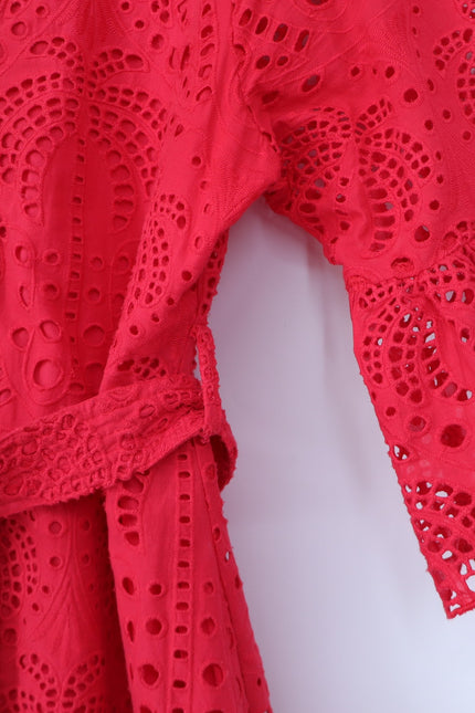 FARM RIO Red Palm Tree Eyelet Mini Dress Belted Long Sleeve Women's M