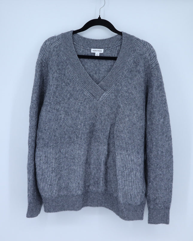 Nordstrom V-Neck Ribbed Pullover Sweater Gray Long Sleeve Women's L