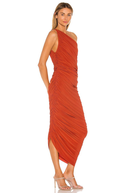 NORMA KAMALI Diana Ruched Gown Cinnamon Orange Midi Dress Women's L/40