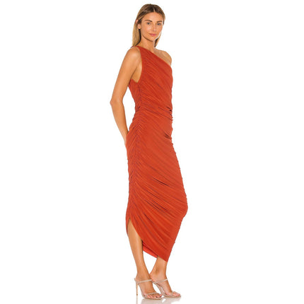 NORMA KAMALI Diana Ruched Gown Cinnamon Orange Midi Dress Women's L/40