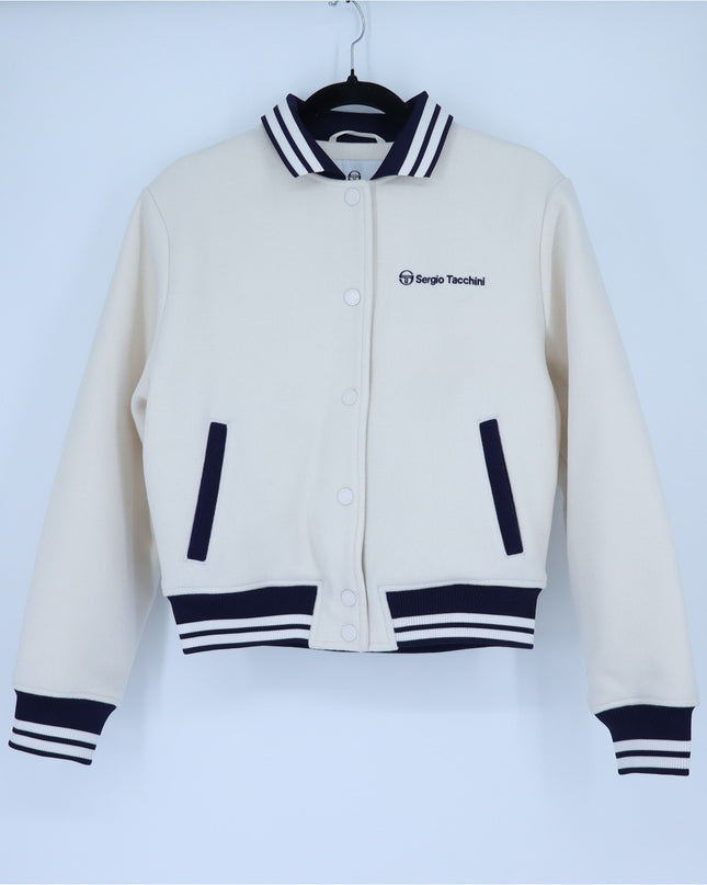 SERGIO TACCHINI Marisa Varsity Jacket Gardenia White Navy Wool Blend Women's S