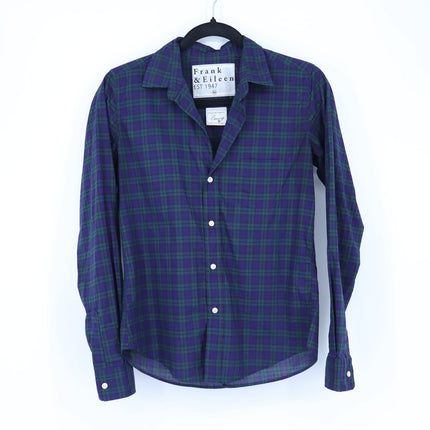 Frank & Eileen Barry Cotton Shirt Navy Green Plaid Button Up Blouse Women's XS