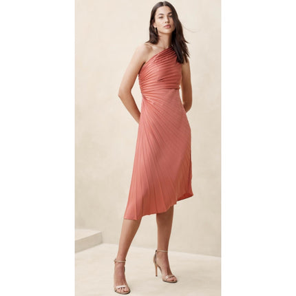 BANANA REPUBLIC One Shoulder Pleated Midi Dress Pink Amaretti NWT Women's 8