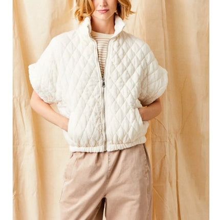 Suzy D Charlston Quilted Jacket Buttermilk Zip Up Cap Sleeve Women's S