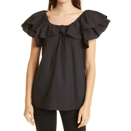 Mille Beja Ruffle Top Black Cotton Flutter Sleeve Blouse Women's XXS