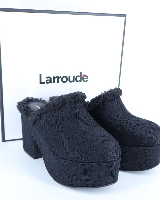 Larroude Miso Platform Heeled Clog Black Floral Fringed Slip On Women's 10