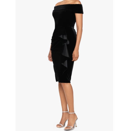 XSCAPE Cassandra Dress Black Velvet Ruffle Off The Shoulder Women's 14