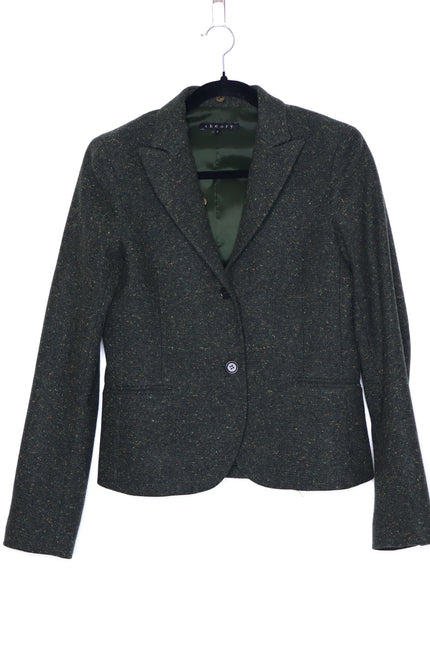 THEORY Tweed Blazer Olive Green Removable Rabbit Fur Collar Jacket Women's 8