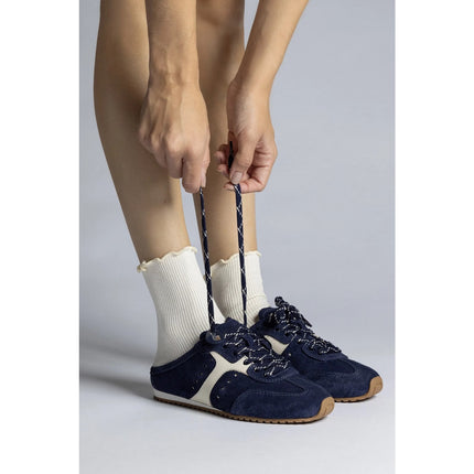 Larroude Stella Mule Navy Suede Ivory Napa Leather Lace Up Sneakers Women's 6.5