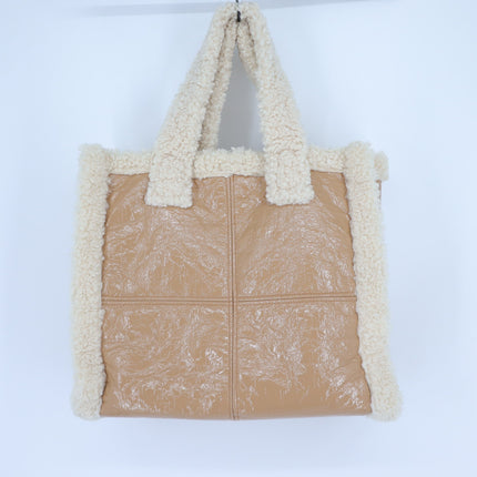 Stand Studio Lolita Tote Bag Faux Shearling Trimmed Beige and White