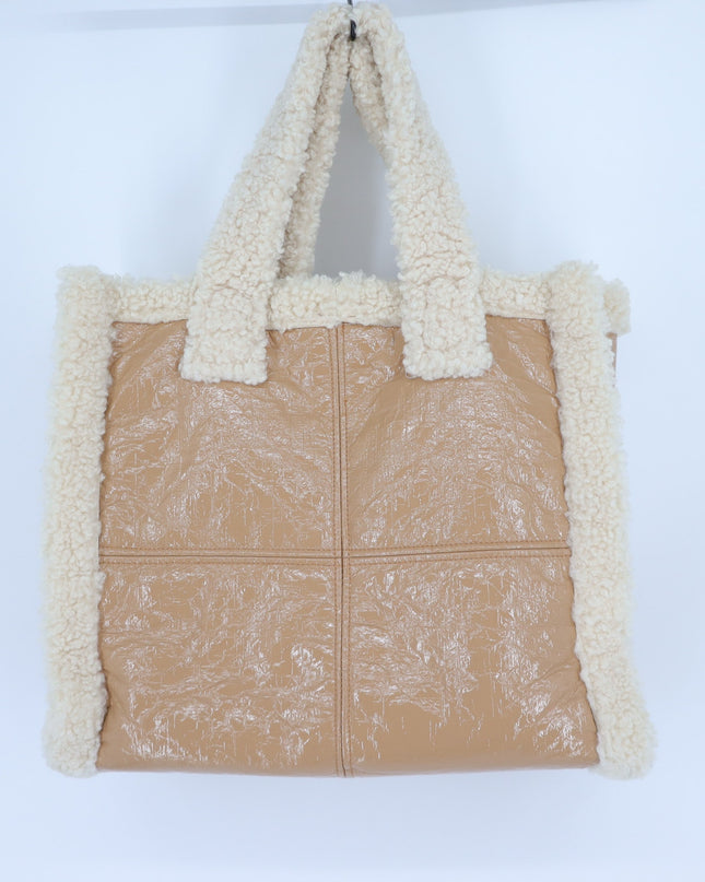 Stand Studio Lolita Tote Bag Faux Shearling Trimmed Beige and White