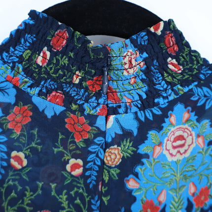 FARM RIO Blue Arabesque Dress NWT Floral High Neck Long Sleeve Women's XXS