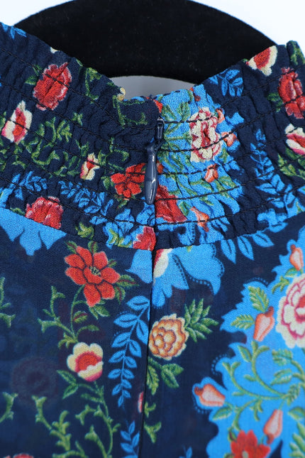 FARM RIO Blue Arabesque Dress NWT Floral High Neck Long Sleeve Women's XXS