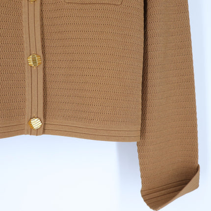 ST. JOHN Racking Stitch Knit Cardigan Tan Front Pockets Button Up Women's L
