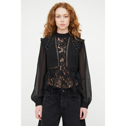 Self-Portrait Floral Guipure Blouse Black Lace Up Long Sleeve Women's 2