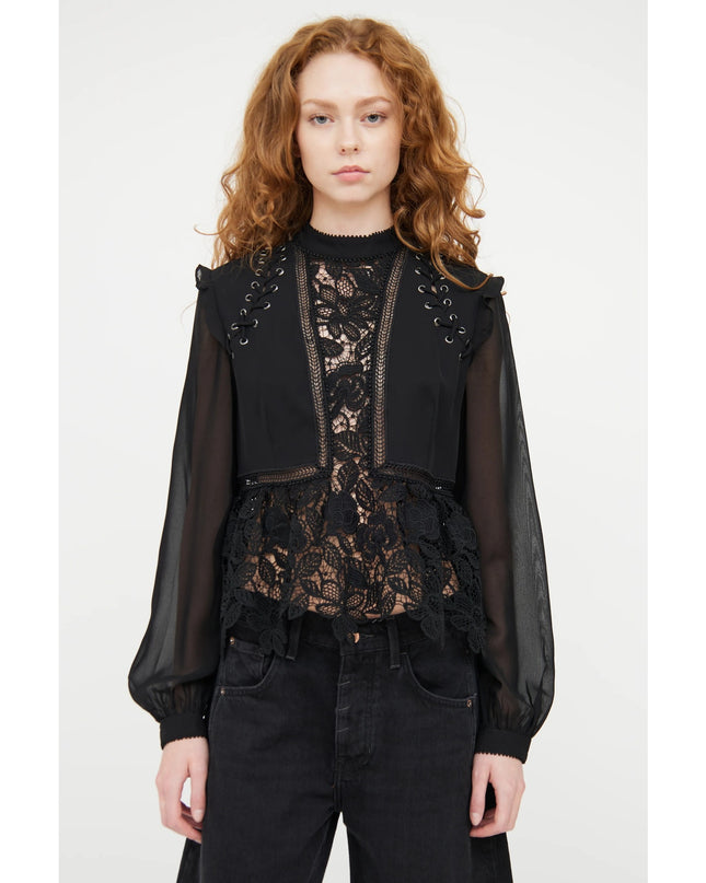 Self-Portrait Floral Guipure Blouse Black Lace Up Long Sleeve Women's 2