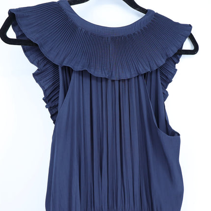 RAMY BROOK Camden Ruffle Maxi Dress Navy Blue Accordion Pleat V Neck Women's M