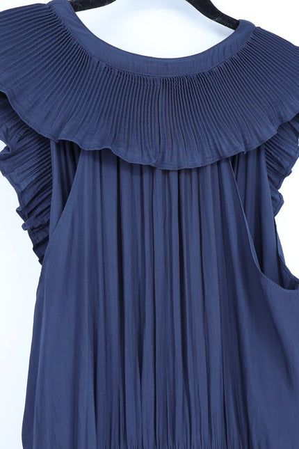 RAMY BROOK Camden Ruffle Maxi Dress Navy Blue Accordion Pleat V Neck Women's M