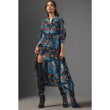 FARM Rio Arabesque Floral Midi Dress Blue Wrap Tie Puff Sleeve Women's S
