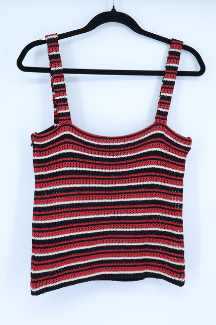 ST. JOHN Crochet Stripe Tank Red Black and White Sleeveless Knit Women's M