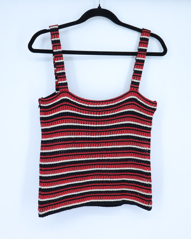 ST. JOHN Crochet Stripe Tank Red Black and White Sleeveless Knit Women's M