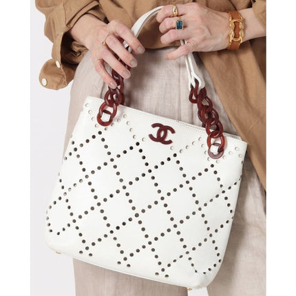 Chanel 2003 Perforated Caviar Leather Tote Bag White with Amber Chain y2k