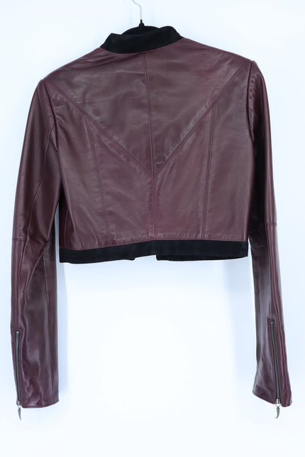 MATHIEU MIRANO Leather Cropped Jacket Maroon and Black Long Sleeve Women's S